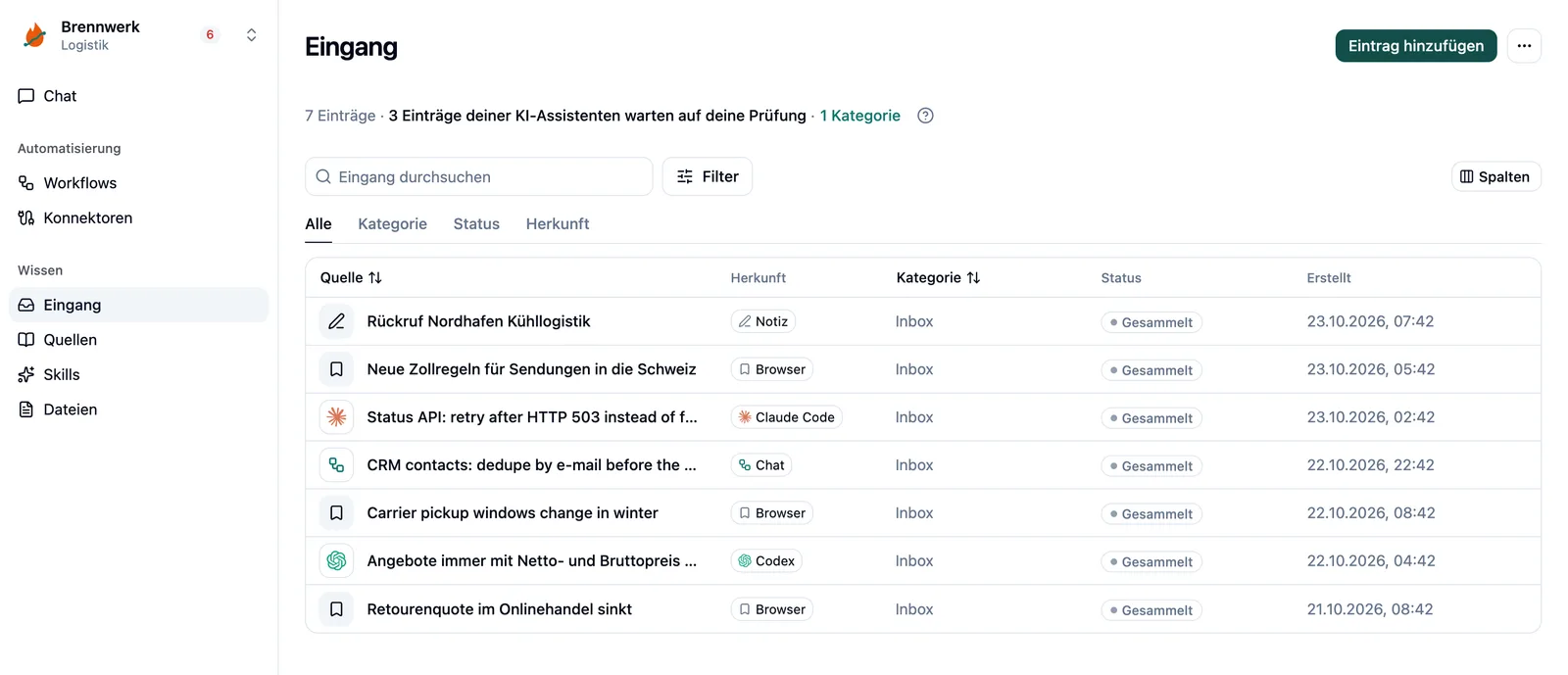 Eingang mit Einträgen von Claude Code, Codex, Chat, Browser und Notiz