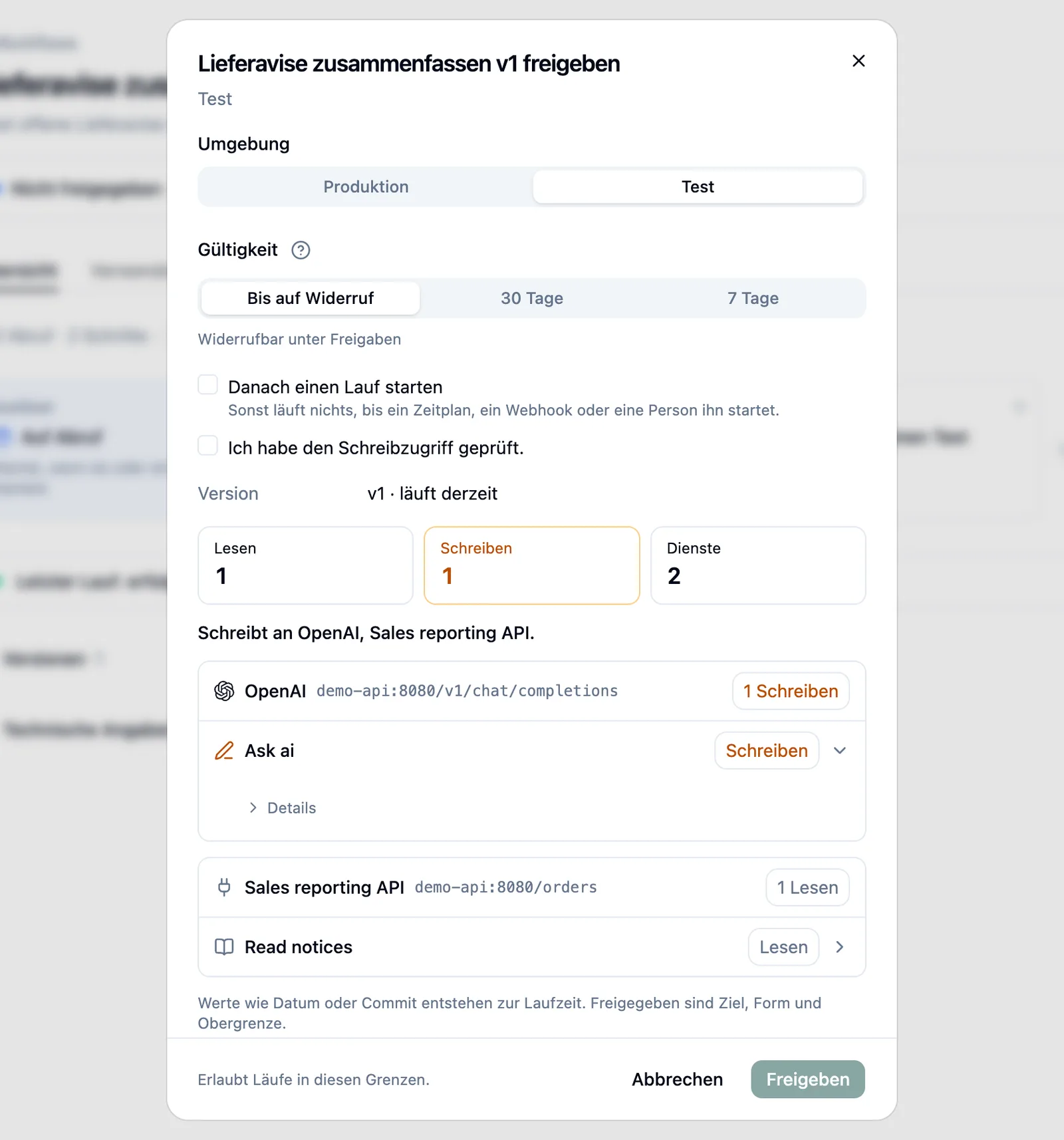 Freigabe-Dialog mit Umgebung, Gültigkeit und erlaubten Diensten