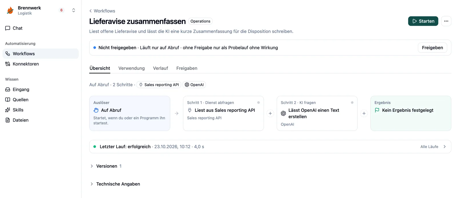 Ablauf eines Workflows mit Auslöser, Dienst abfragen, KI fragen und Ergebnis