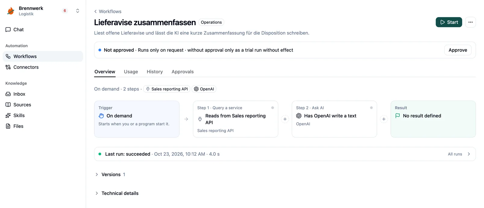 Workflow flow with trigger, query a service, ask AI and result